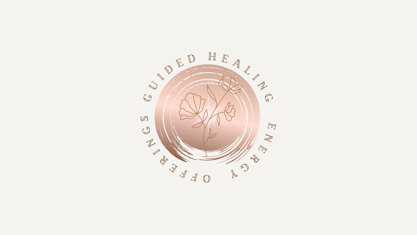 Rose Gold Circle with the words Guided Healing Energy Offerings with a flower in the center